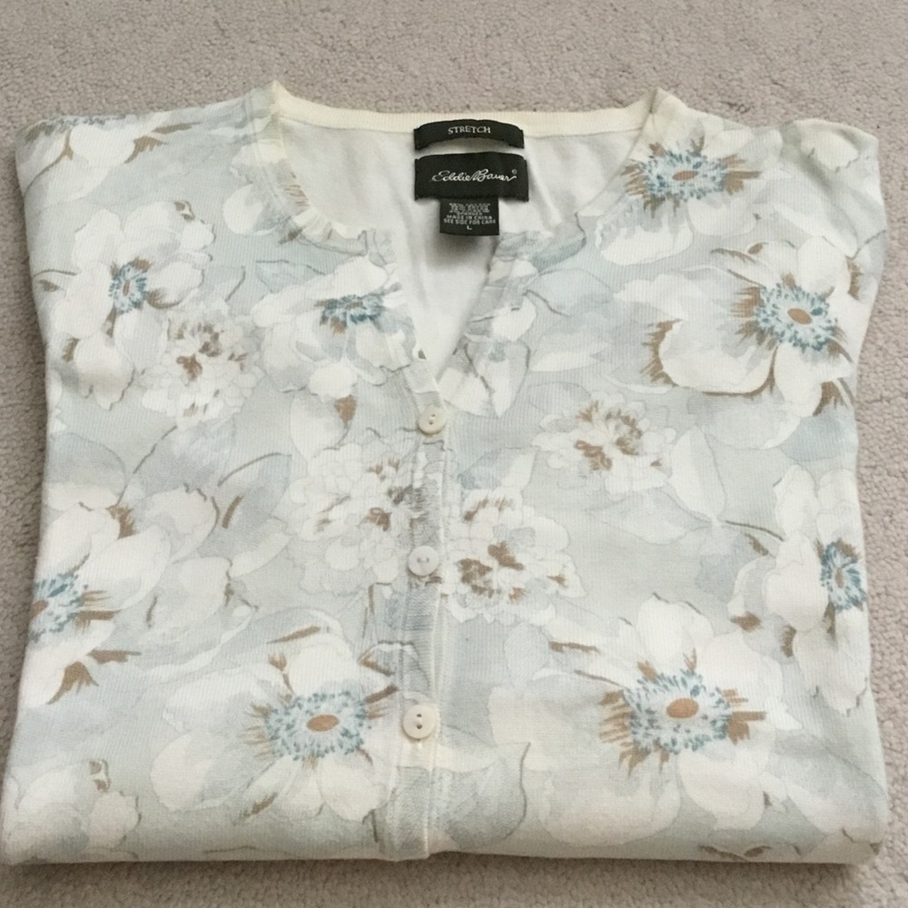 Eddie Bauer Light Blue Floral Button-Front Cardigan